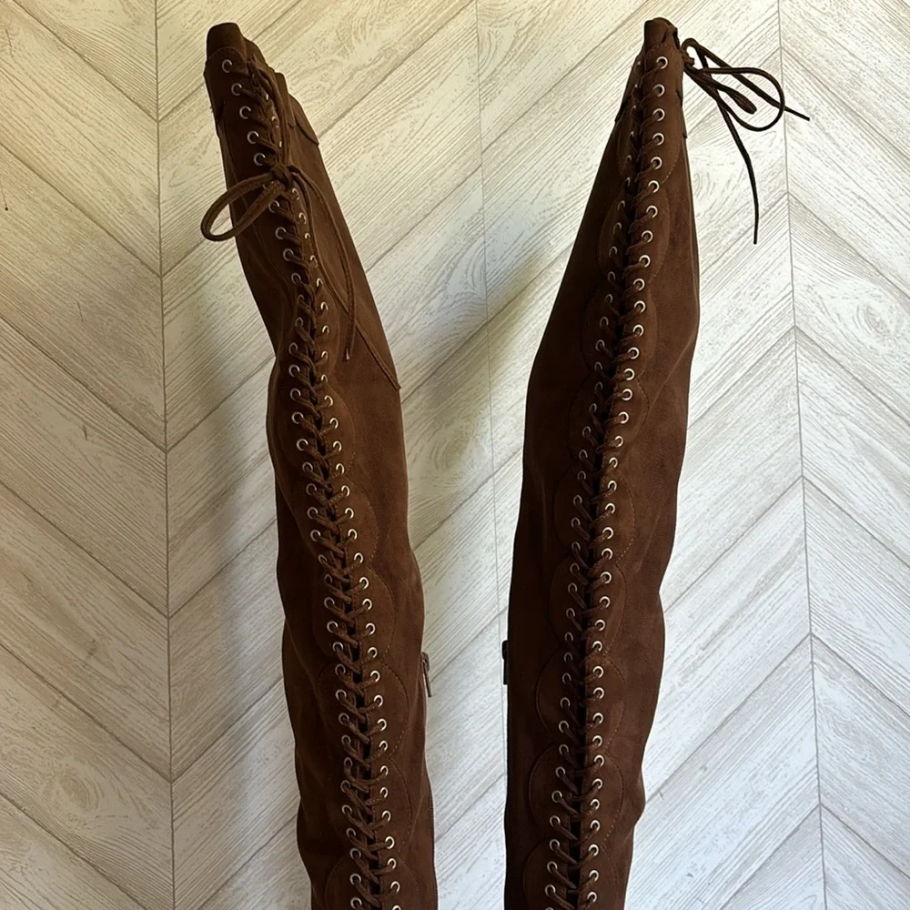 NEW Jeffrey Campbell Olianna over the knee lace up boots brown 6.5